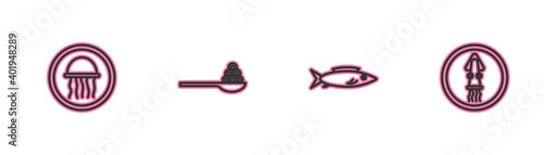 Set line Jellyfish on a plate, Fish, Caviar spoon and Octopus icon. Vector.
