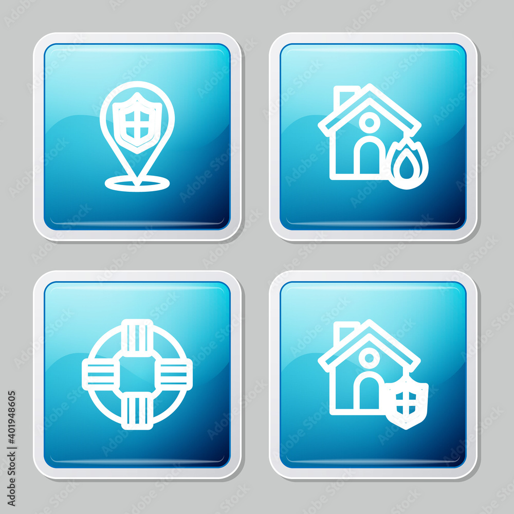 Set line Location shield, Fire in burning house, Lifebuoy and House with icon. Vector.