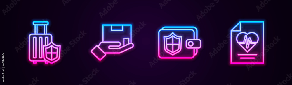 Set line Travel suitcase with shield, Delivery insurance, Wallet and Health. Glowing neon icon. Vector. Set line Travel suitcase with shield, Delivery insurance, Wallet and Health. Glowing neon icon. Vector.