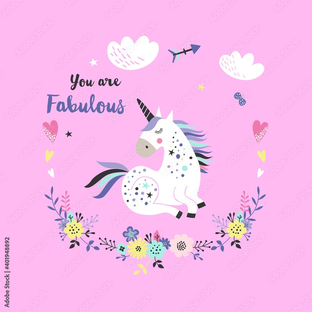 Cute unicorn greeting card. Magical unicorn vector poster. Cute unicorn greeting card. Magical unicorn vector poster.