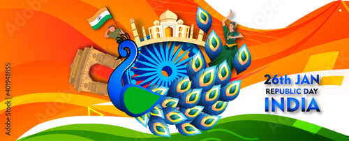 Illustration of Indian Happy Republic day celebration poster or banner abstract background with text 26 January and Indian Flag .