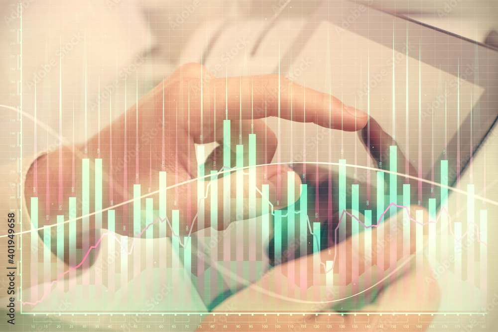 Multi exposure of man's hands holding and using a phone and financial chart drawing. Market analysis concept. Multi exposure of man's hands holding and using a phone and financial chart drawing. Market analysis concept.