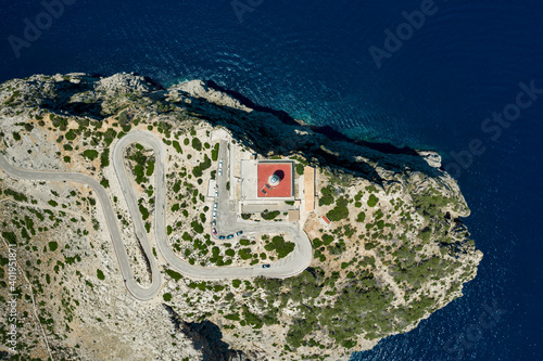 Top down drone picture of lighthuse in Formentor / Mallorca. Top tourist destination in mallorca. photo