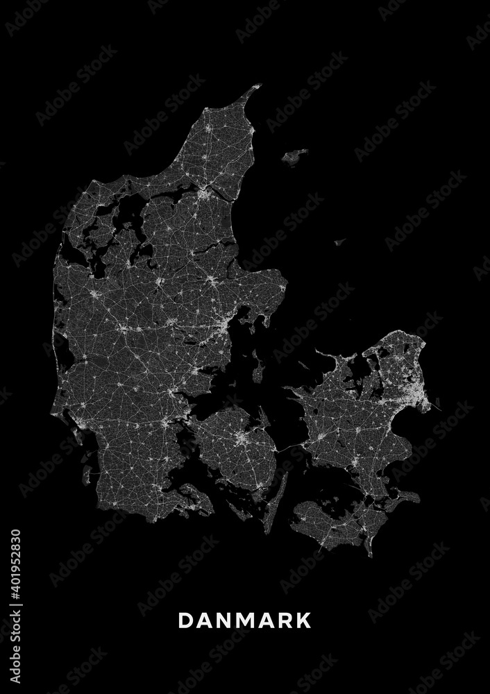 Denmark map poster (portrait). Road map of Denmark. It includes all ...