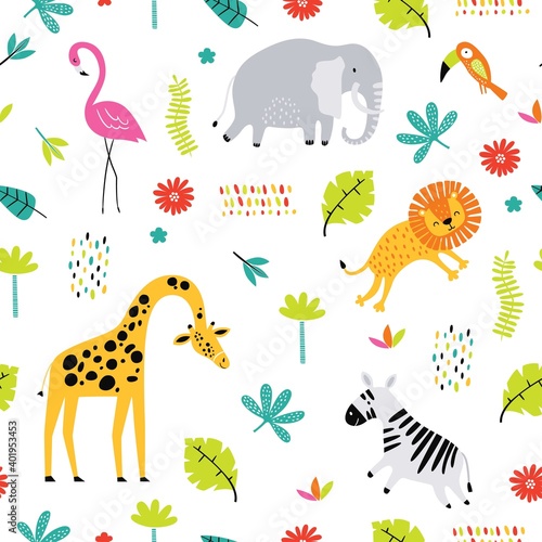 Seamless pattern with tropical animals. Creative nursery background. Perfect for kids design, fabric, wrapping, wallpaper, textile, apparel
