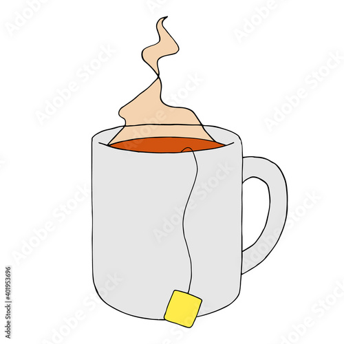 Simple cup of hot tea with a tea bag. Hand drawn illustration, vector