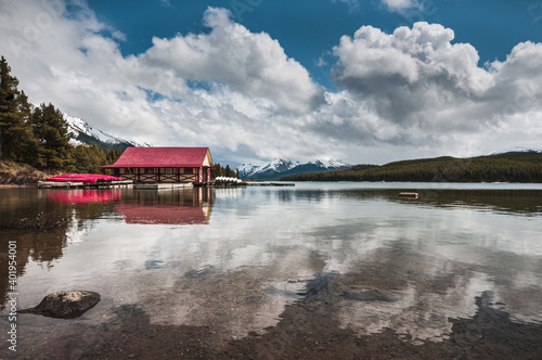 A beautiful shot of a boathouse at Maligne Lake, located in Alberta, Canada