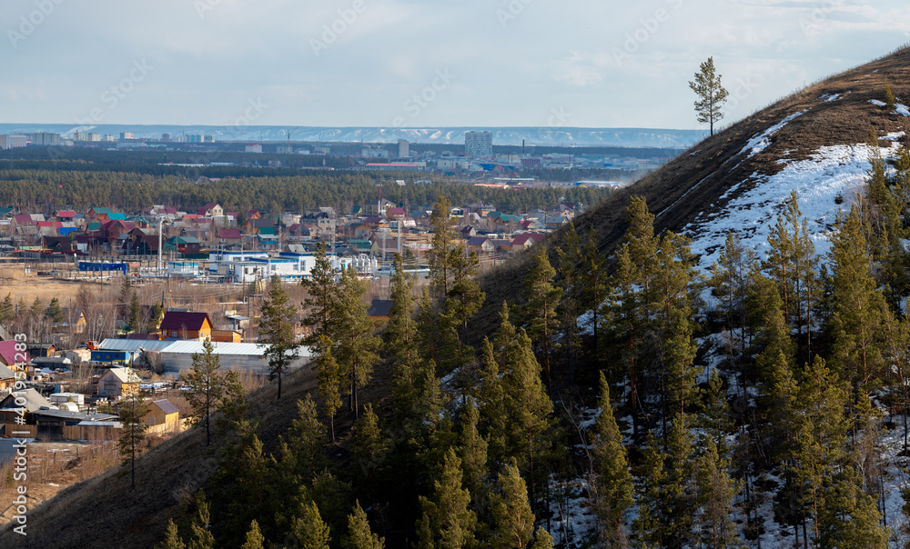 Panoramic view of Yakutsk skyline with forest on a beautiful day