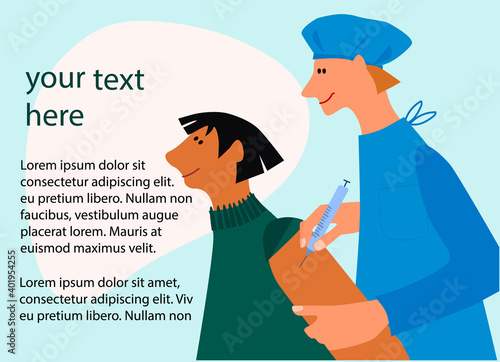 Vaccination time concept. Stop coronavirus concept. Doctor inoculate male patient, making vaccine injection in shoulder. Vector illustration with place for text. Banner, poster,social media post