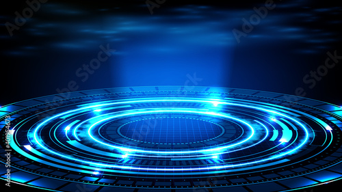 abstract background of blue futuristic technology hud display interface and smoke