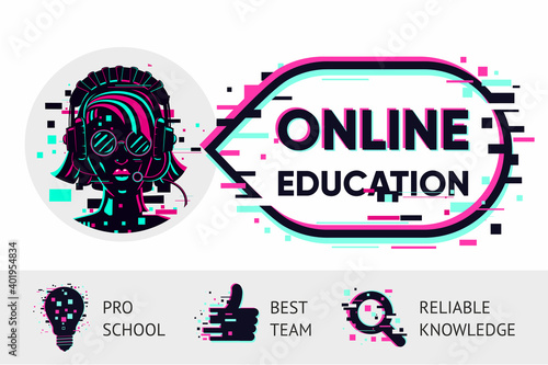 Online education vector background. E-learning illustration  glitch style. Web school concept. Coach woman portrait.