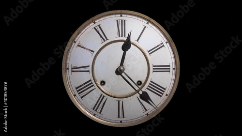 TIMELAPSE, CUT OUT ON BLACK, an antique clock with roman numerals