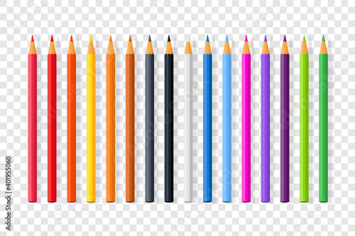 Collection of realistic color pencils with a shadow. Isolated on trasparent background. Colorful wooden pencils. Vector illustration