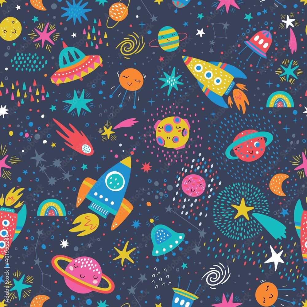 Seamless childish pattern with space elements, star.Creative nursery background. Perfect for