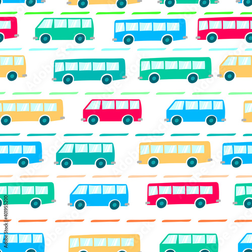 Bright colorful multicolored buses isolated on white background. Cute transport seamless pattern. Side view. Vector flat graphic hand drawn illustration. Texture.