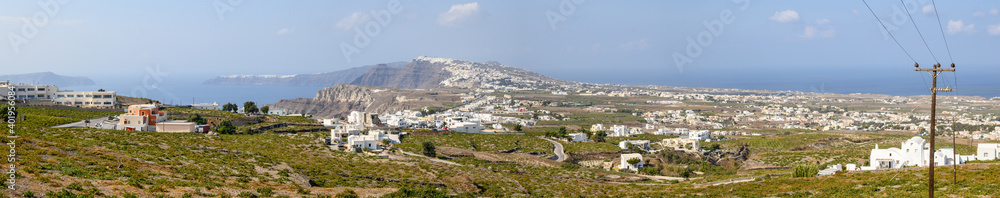 Panorama of Santorini Island seen from the Pyrgos viewpoint. Cyclades, Greece
