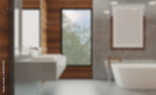 Unfocused  Blur phototography. Bathroom with wood paneling on the walls. modern sink. marble floor. 3D rendering.. Blank paintings.  Mockup