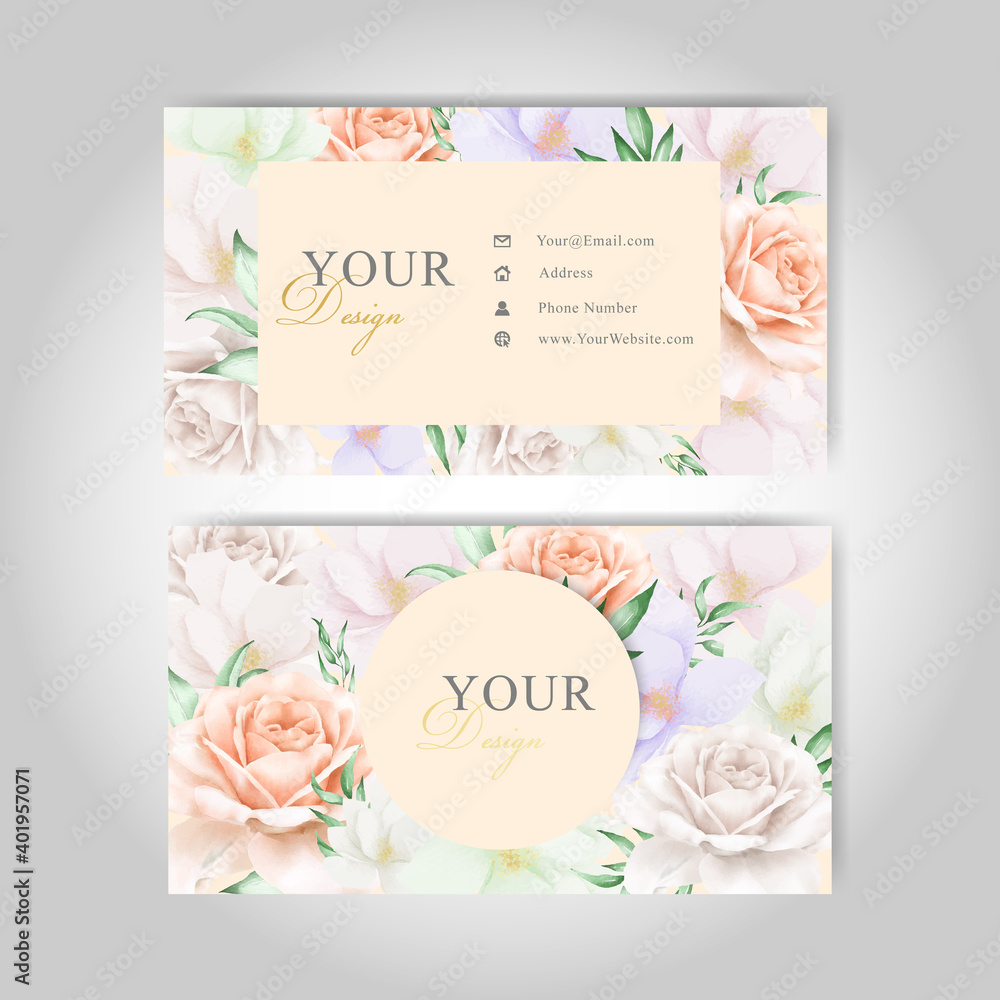 Business Card Template with Watercolor Floral arrangement