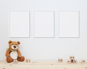 3 empty vertical frames mockup on wall for nursery wall art display,  baby room three white frames mock up, wooden shelf, soft toy bear
