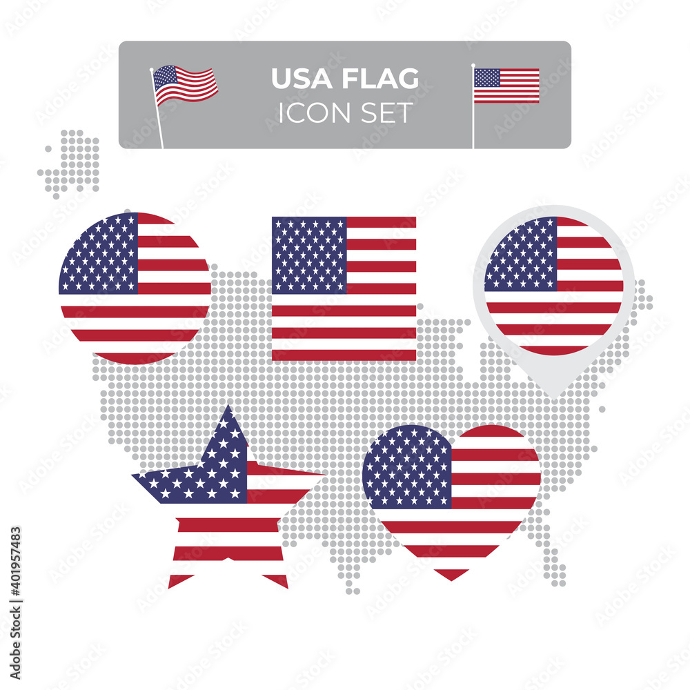 USA flag icons set in the shape of square, heart, circle, stars and pointer, map marker. USA mosaic map. American flag. US flat vector symbol, icon, button USA flag icons set in the shape of square, heart, circle, stars and pointer, map marker. USA mosaic map. American flag. US flat vector symbol, icon, button