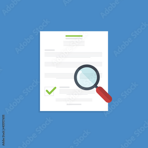 Document, contract review, analysis, inspection of agreement contract, compliance verification. Vector illustration