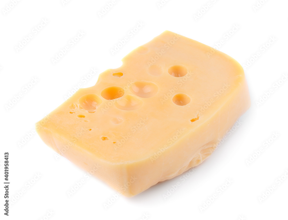 Piece of cheese with large holes in yellow color on white isolated background