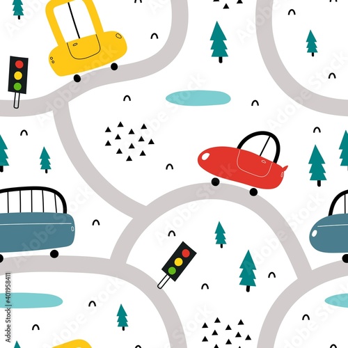 seamless pattern with cartoon cars, road, decor elements. Colorful vector flat style for kids. hand drawing. baby design for fabric, print, wrapper, textile