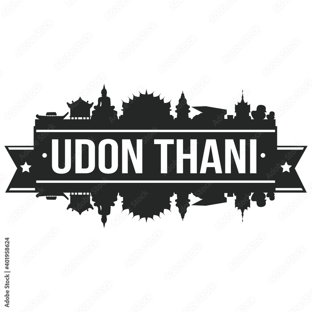 Udon Thani Skyline Silhouette Design City Vector Art Famous Buildings Stamp Stencil Clip Art.