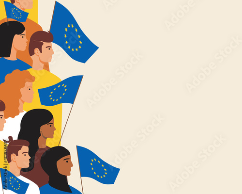 Canvas Print Europeans people with european union flag as template with place for text, flat