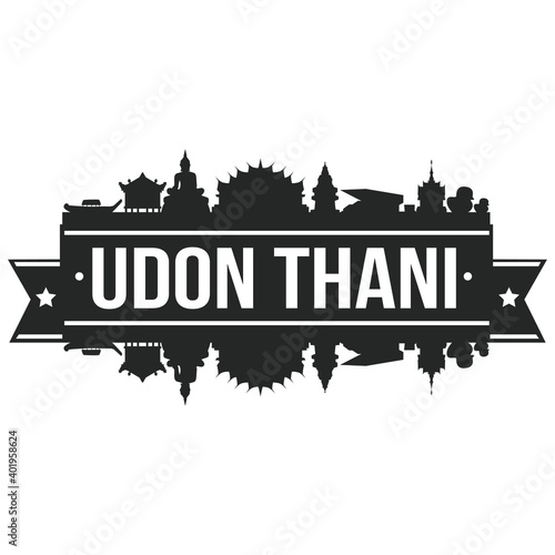 Udon Thani Skyline Silhouette Design City Vector Art Famous Buildings Stamp Stencil Clip Art.