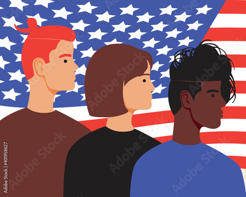 American people with united states of america flag as usa symbol, flat vector stock illustration with citizens and oath