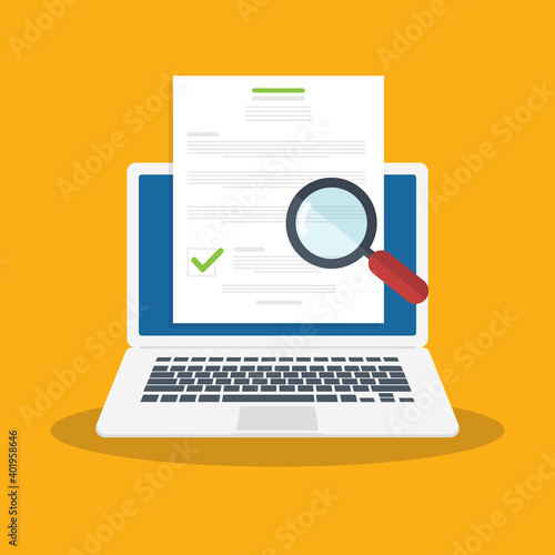 Online digital document inspection or assessment evaluation on laptop computer, contract review, analysis, inspection of agreement contract, compliance verification. Vector illustration