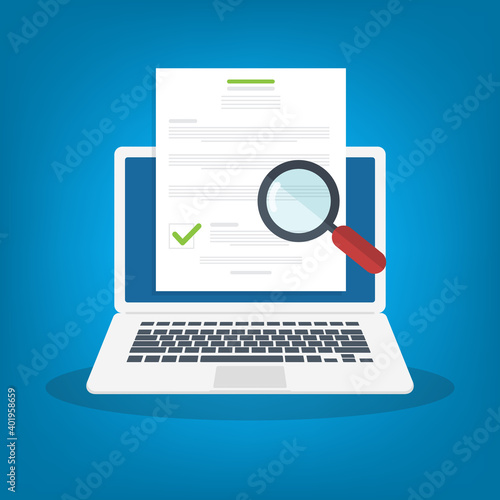 Online digital document inspection or assessment evaluation on laptop computer, contract review, analysis, inspection of agreement contract, compliance verification. Vector illustration