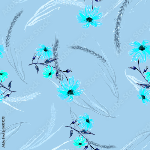 Watercolor seamless abstract background, pattern. Ears of wheat. watercolor pattern of plants. Herbs, grass. spikelet, branch. Spikelet of wheat, cereal plants.cornflower,flower, chamomile, sunflower.