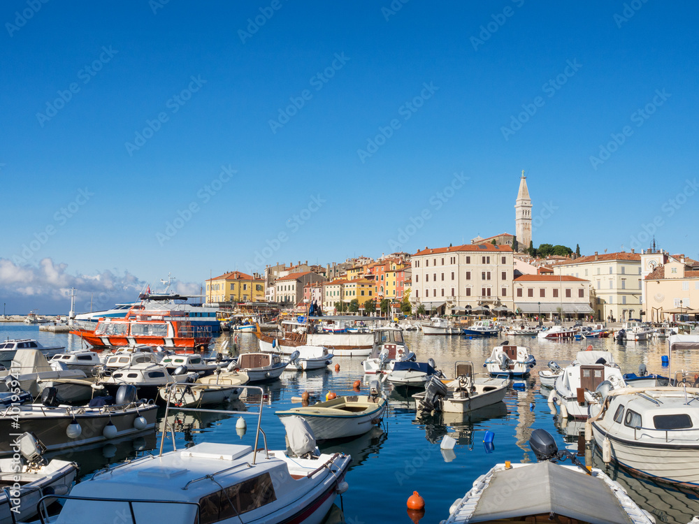 Rovinj view with boats at the harbour