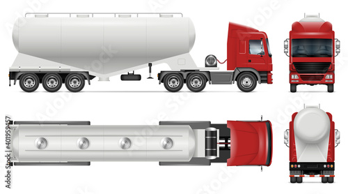 Dry bulk tanker trailer truck vector mockup on white for vehicle branding, corporate identity. View from side, front, back, top. All elements in groups on separate layers for easy editing and recolor