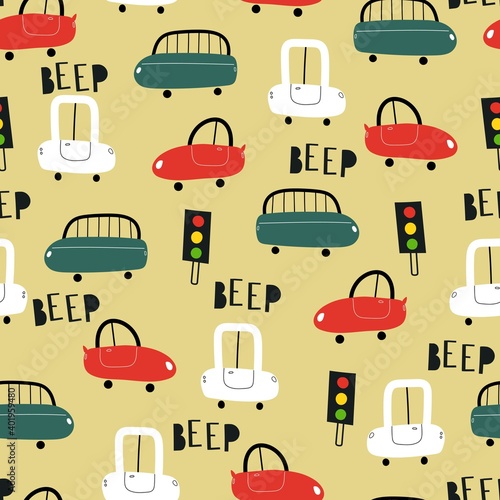 seamless pattern with cartoon cars, decor elements. Colorful vector flat style for kids. hand drawing. baby design for fabric, print, wrapper, textile