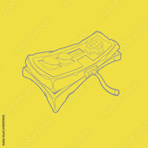 Simple outline grey joypad icon on yellow trendy background. Classic retro gempad icon.