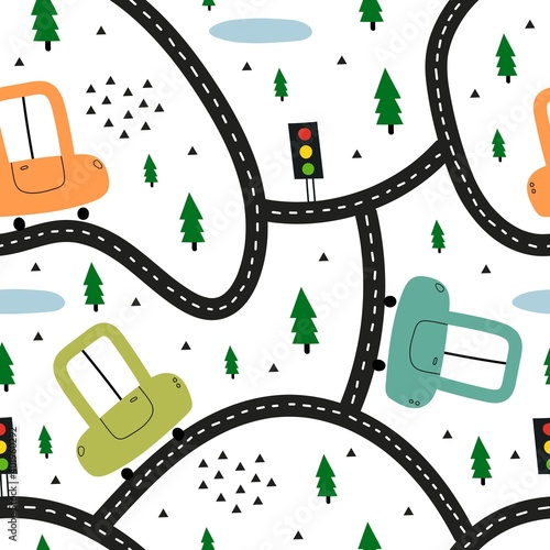 seamless pattern with cartoon cars, road, decor elements. Colorful vector flat style for kids. hand drawing. baby design for fabric, print, wrapper, textile