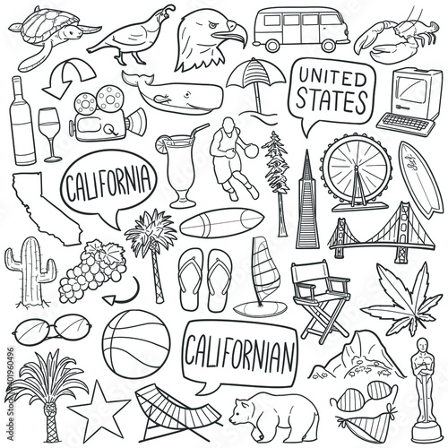 California doodle icon set. Californian Vector illustration collection. Banner Hand drawn Line art style.