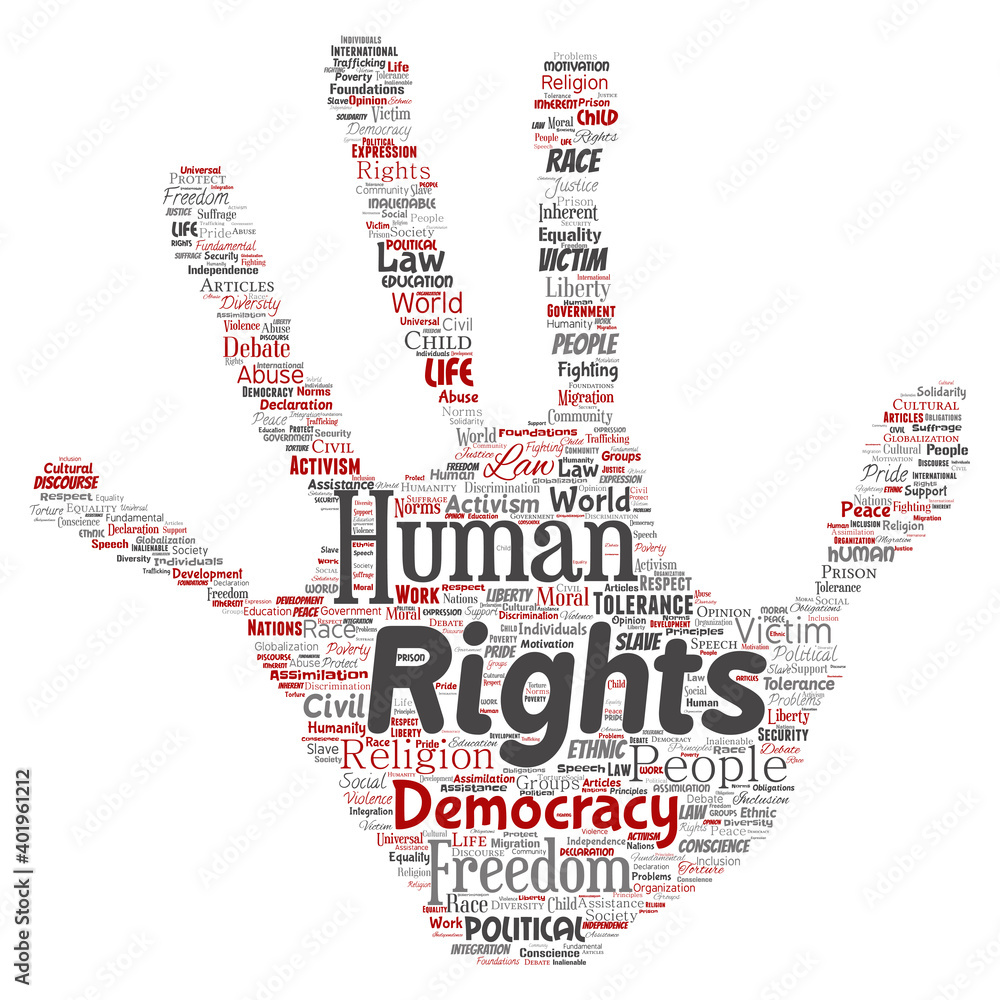 Vector conceptual human rights political freedom, democracy hand print stamp word cloud isolated background. Collage of humanity tolerance, law principles, people justice or discrimination concept Vector conceptual human rights political freedom, democracy hand print stamp word cloud isolated background. Collage of humanity tolerance, law principles, people justice or discrimination concept