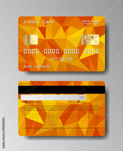 Orange credit plastic card with emv chip. Front and back side.