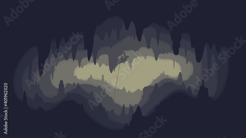 Climber in a spiky cave - underground exploration with a flashlight - flat 2d silhouette design