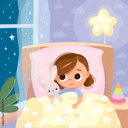 Portrait of sleepy baby girl lying in the bed under cover holding with imaginary friend,bunny rabbit toy in bedroom. Bed time for kids.Wish her sweet dreams.Get ready for bedtime.Kid prepare go to bed