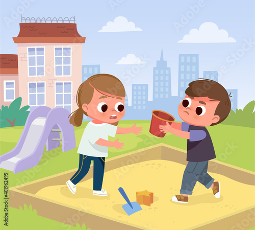 Vector illustration of children kids boy and girl fighting dispute tussle over toy bucket shovel in sandbox sandpit playground. Conflict on the playground area. Fighting against each other.