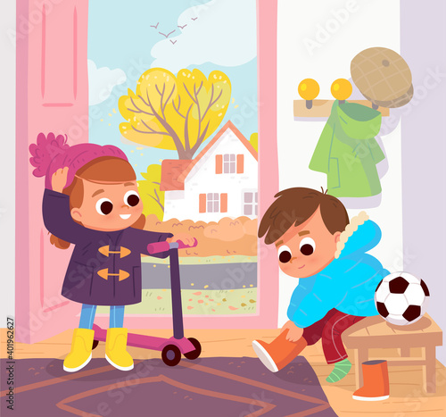 Children are going to go out on a cool, chilly,fall day and getting dressed up properly, putting clothes on in hallway,lobby.Boy put winter snow boots on,girl stand with scooter put wool winter hat on