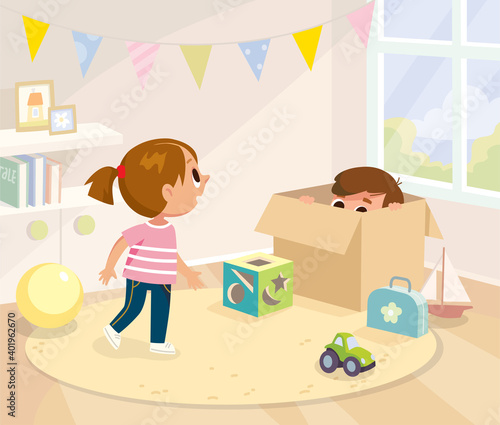 Vector illustration of children kids boy and girl play hide and seek game in play room. Children's active games. Boy hides from his sister in a box. Girl is searching looking for her brother.