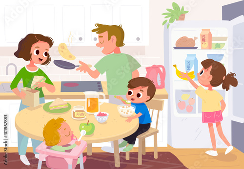 Vector.Family having breakfast in the kitchen. Mother feeding kids. Father cooking panecakes.Whole family, all members together at home in the kitchen in house interior. Refrigerator,fridge with food.