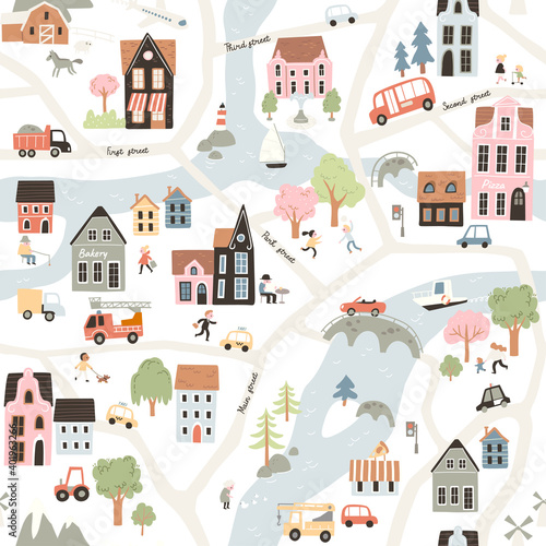 Cartoon childish town city print.Vector childish doodle style seamless picture pattern with city town symbols cars houses buildings trees streets.City easy simple building drawing map  infrasturcture.