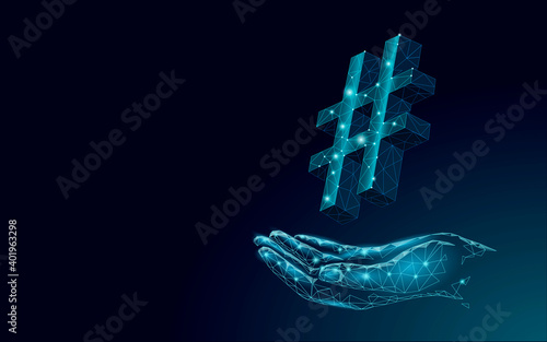 3D hashtag symbol dark blue glowing low poly. Communication online social media share search posts. Information innovation web technology on hand vector illustration